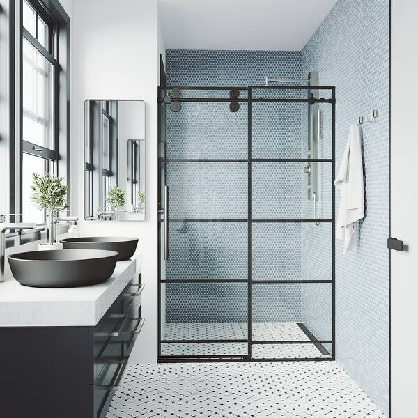 Shop Vigo 52 56 Inch Grid Elan Adjustable Sliding Shower Door In Matte Black On Sale Overstock 30437604