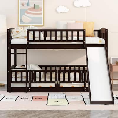 Twin Over Twin Low Bunk Bed, Open-row Floor Bed with Fence and Small Door, Bunk Bed Frame with Ladder and Convertible Slide
