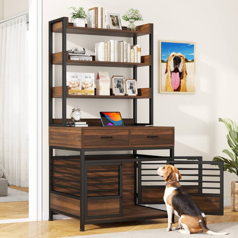 Dog Crate Furniture with Storage Shelves And Charging Station