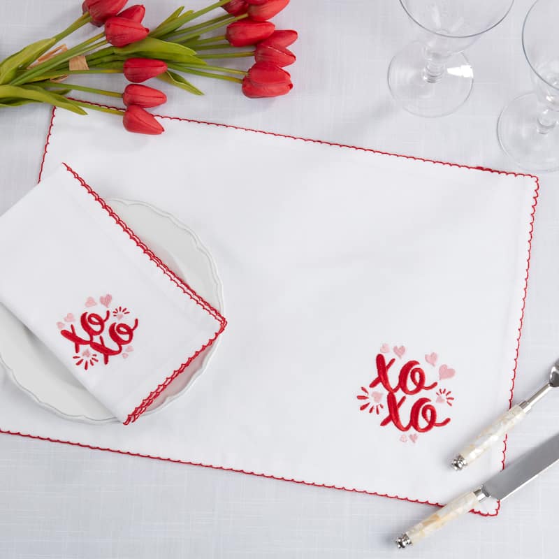 XO Placemats & Napkins (Set of 8) - Embroidered Valentine's Table Linens with Scalloped Red Trim, 13"x19" / 18"x18"