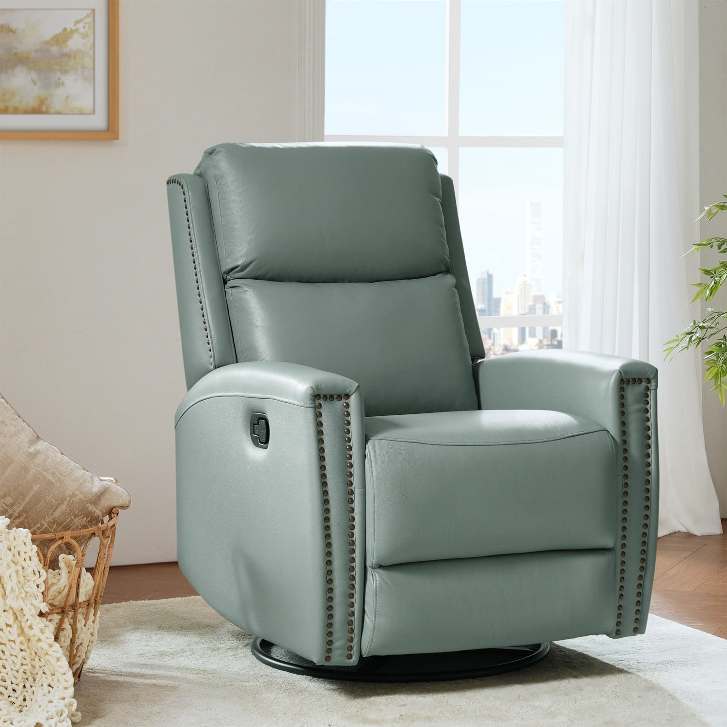 Swivel Rocker Recliner Chair - 360° Swivel, Manual Recline, Wingback Floral Design, Blue Upholstery, 300 Lb Capacity