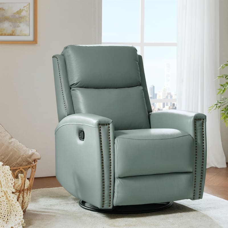 Fiacro 30.31"Wide Mid-Century Modern Genuine Leather Wingback Swivel Rocker Recliner with Nailhead Trims
