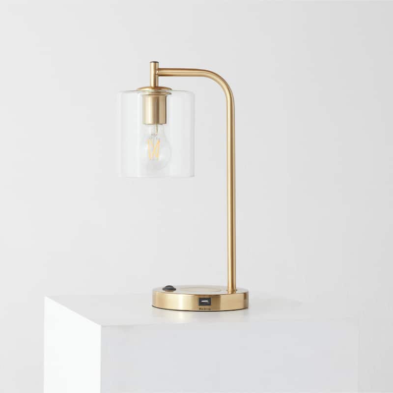 Brightech Elizabeth 16 in. Antique Brass Modern LED Desk Table Lamp with Built-In USB Port and Wireless Charging Pad (2-Pack)