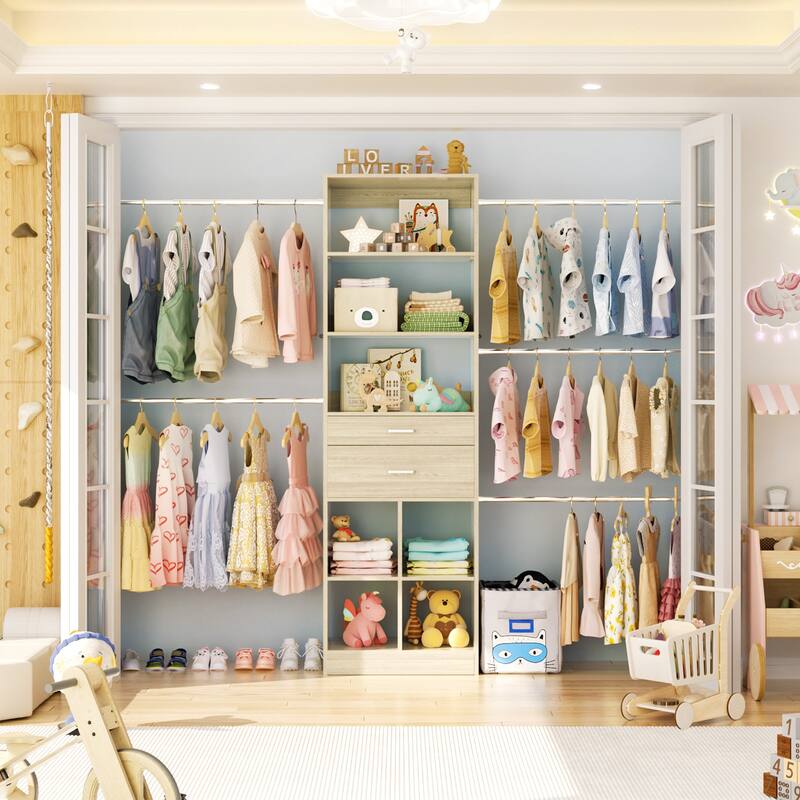 66''-100'' Walk-in Closet Organizer with 5 Hanging Rods and 2 Wooden Drawers，4-8FT Sturdy Closet System with Storage Shelves