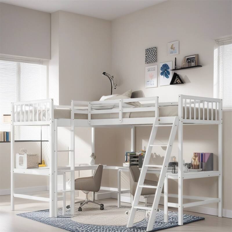 Twin Size Wood L-Shaped Loft Bed with Ladder and 2 Built-in Desks