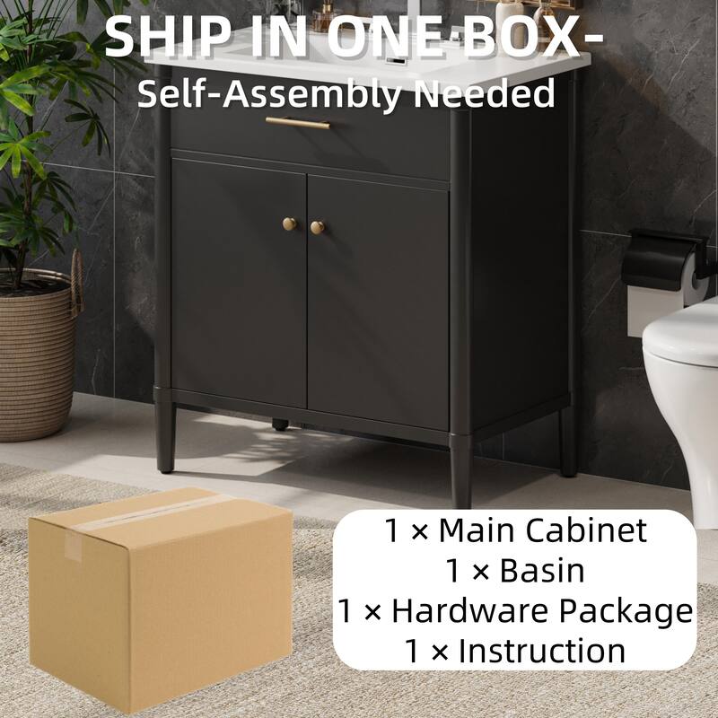 Bathroom Vanity with Ceramic Sink, Wooden Bathroom Storage Cabinet, Bathroom Cabinet with Soft Close Doors & Adjustable Shelf