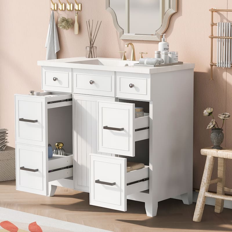 Bathroom Vanity Cabinet with Sink Top, Soft Closing Door and 3 Drawer - White