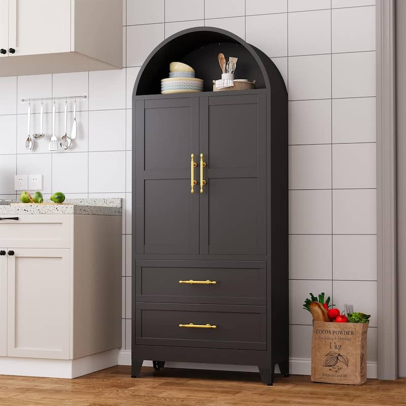 73"H Metal Tall Arched Kitchen Pantry Storage Cabinet with 2 Door and Drawer
