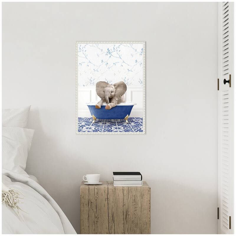 Kate and Laurel Sylvie Baby Elephant No6 in Eclectic Blue Bath Framed Canvas by Amy Peterson