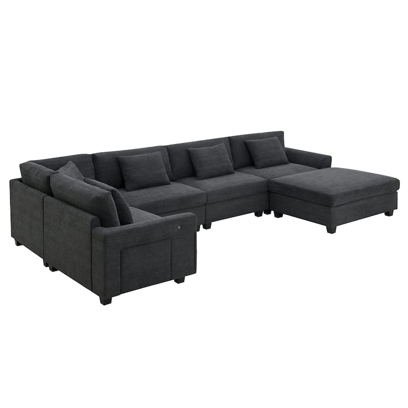 128" Chenille U-Shaped Sectional Sofa with Storage & USB