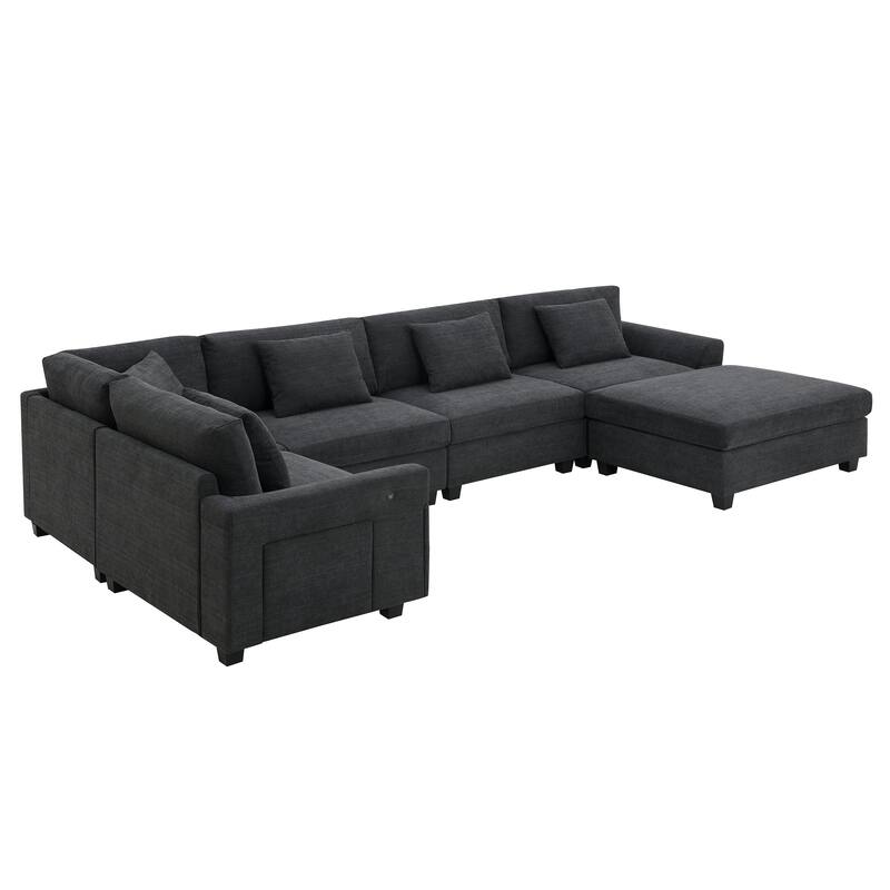U Shaped Sectional Sofa with Ottoman, Chenille 6 Seater Sofa with Hidden Armrest Storage, Cup Holders & USB Charging Ports