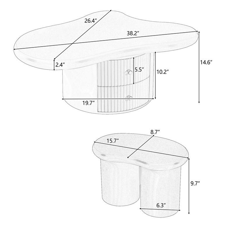 Cream Style Cloud-Shaped Coffee Table Set of 3, Irregular Design Cocktail End Table with Storage Drawer & 2 Small Stools