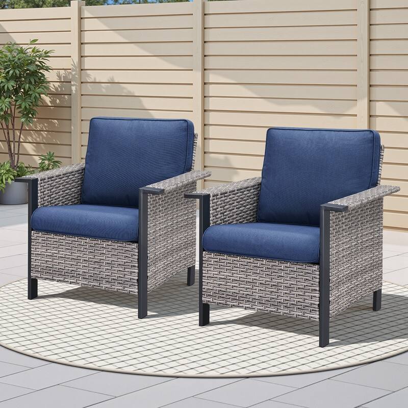 Pocassy Outdoor Wicker Sofa Glider Chair with Ottoman Set - Gray Wicker Blue Cushion - 2-Piece Patio Chair with Cushion