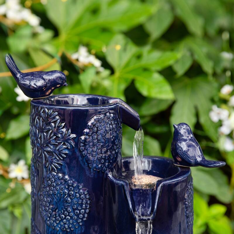 Glitzhome 27" H 4-Tier LED Ceramic Outdoor Floor Fountain with Birds, Cobalt Blue Turquoise Dandelion Texture Vase-Shaped