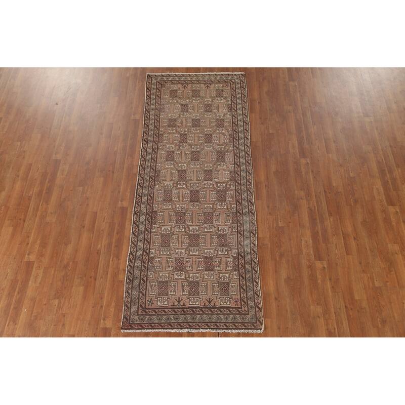 Geometric Balouch Persian Vintage Runner Rug Handmade Wool Carpet - 3'4" x 8'8"