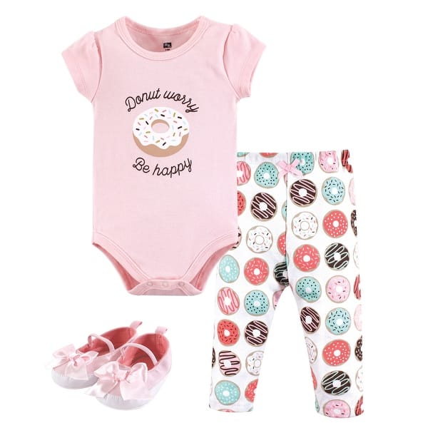 slide 1 of 1, Hudson Baby Infant Girl Cotton Bodysuit, Pant and Shoe 3pc Set, Donut Worry 0-3 Months - Donut Worry