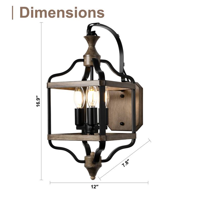 CurveCurio 17" Antique Matte Black Wall Light Metal Farme and Solid Wood Shade, 3 Light Wall Sconces - 12"*8"*17"