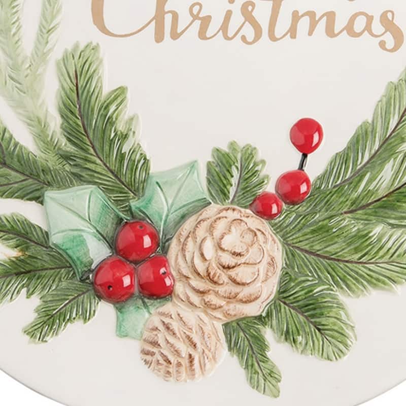 13" x 13" "Merry Christmas" Handpainted Round Dolomite Platter with Pinecone Accents