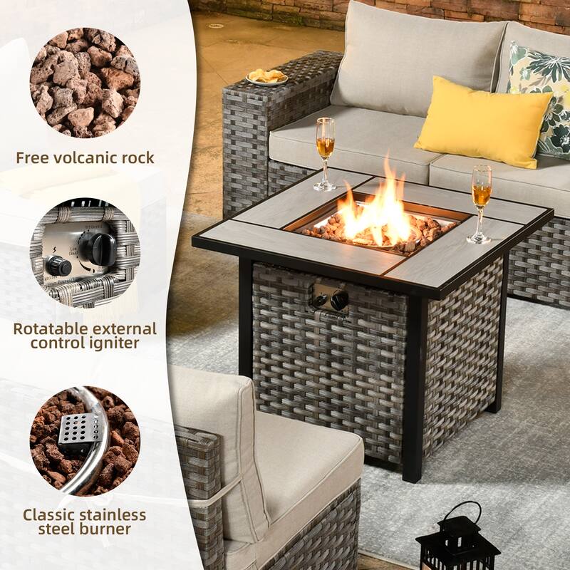 OVIOS Patio Wicker Furniture Wide Arm 7-piece Fire Pit Set with Table
