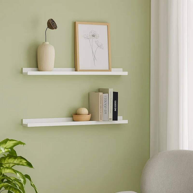 Yuli Modern Wall Shelf Set of 2, Raised Ledge Design, White MDF 39 Inch