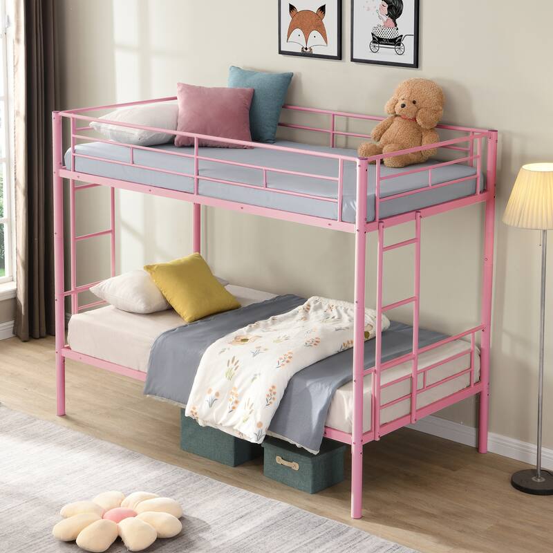 Pink Twin Over Twin Metal Bunk Bed with Sturdy Steel Frame, Easy Assembly, No Box Spring Needed