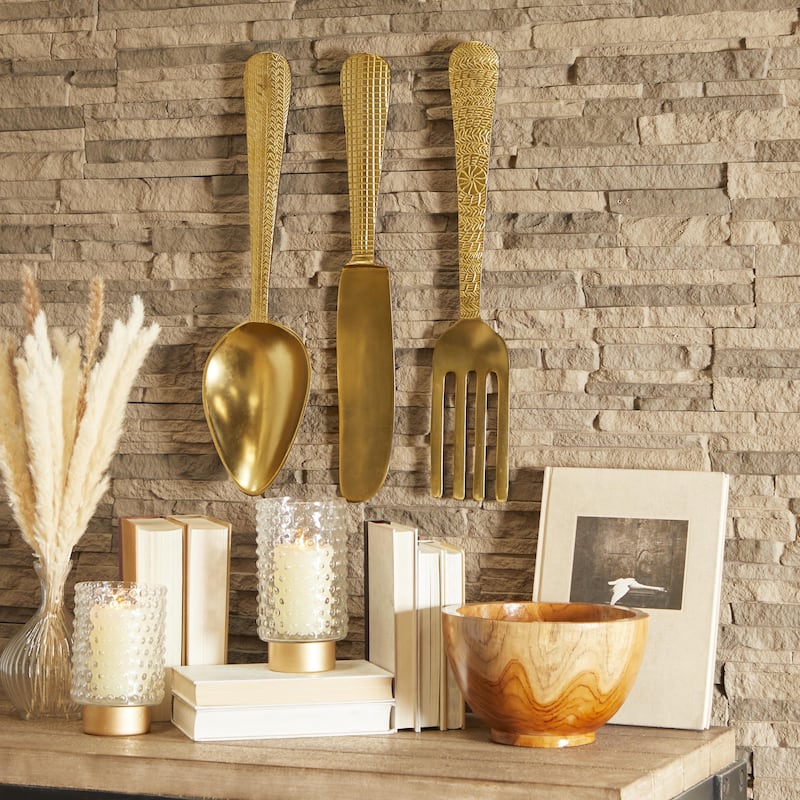 Aluminum Metal Utensils Knife, Spoon and Fork Home Wall Decor - Set of 3 Silver or Gold - Roche River Decor