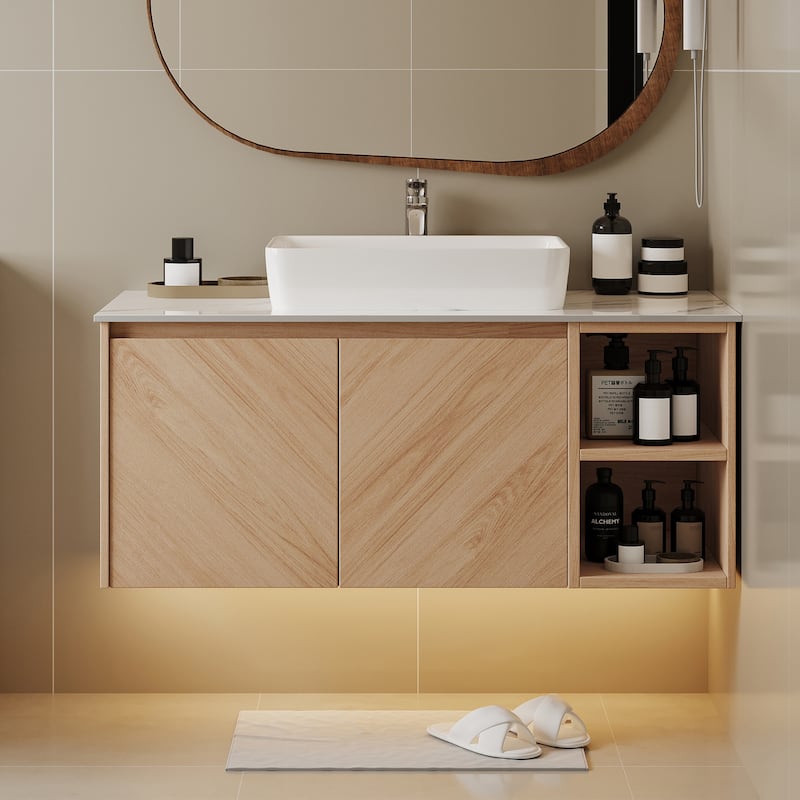 35.83'' Single Bathroom Vanity with Stone Top, Brown Wood, Black Vessel, Floading Vanities