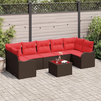 vidaXL 8 Garden Sofa Set with Cushions Black/Brown/Grey Poly Rattan - 113.8 x 48.2 x 27.2