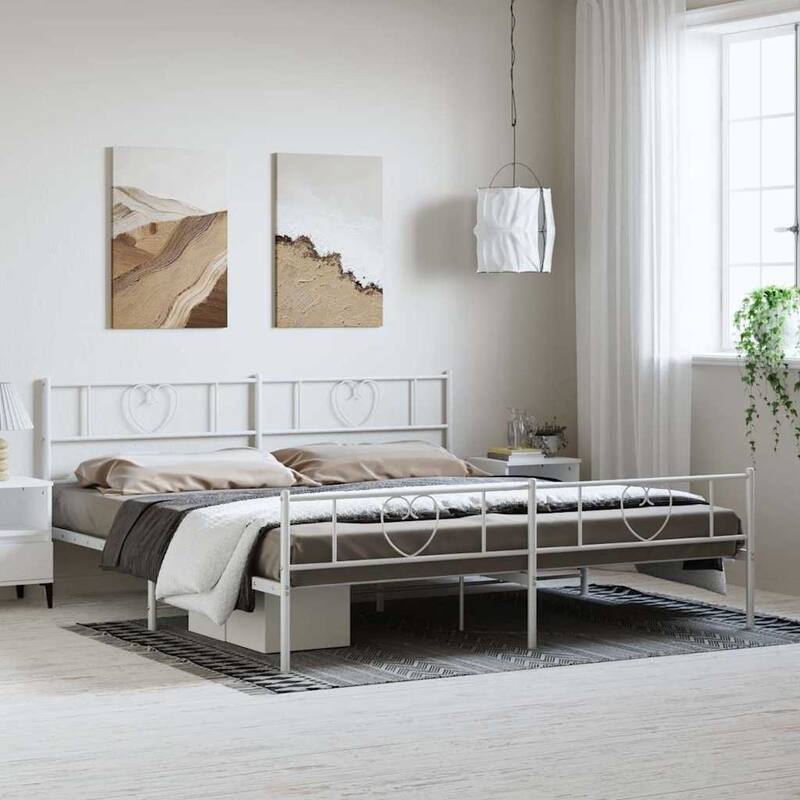 vidaXL King Metal Bed Frame with Headboard, White, No Mattress - 81.5" x 78" x 35.4"