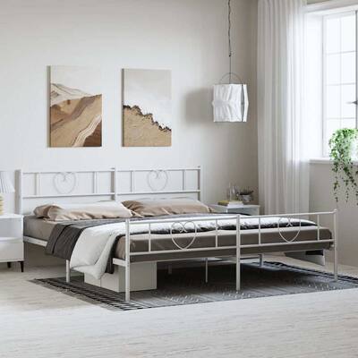 vidaXL King Metal Bed Frame with Headboard, White, No Mattress - 81.5" x 78" x 35.4"