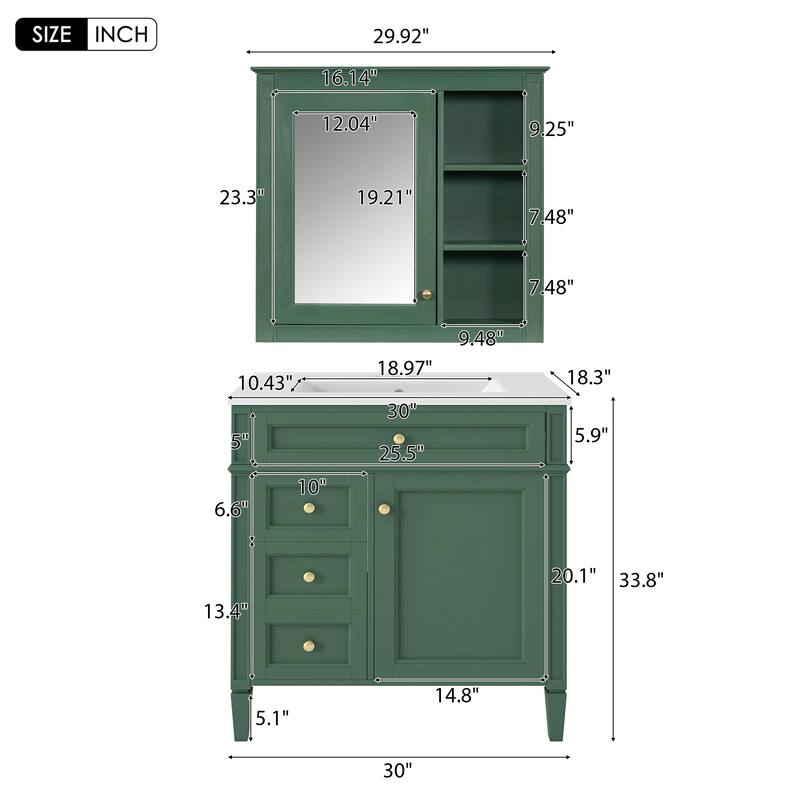 GDFStudio - Ravensden Modern Freestanding Bathroom Vanity Set with Ceramic Sink and Mirror Cabinet with a Tip-out Drawer - 30'W
