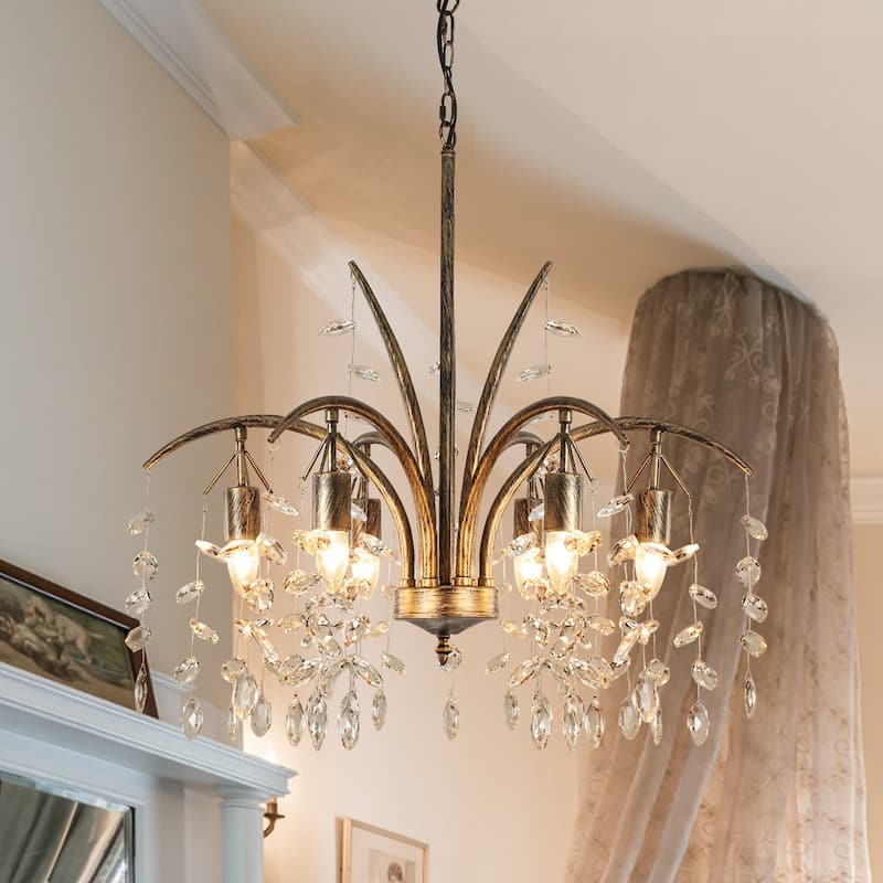 6 - Light Classic/Traditional Bronze Chandelier with Crystal Accents - Antique Bronze - W 27.6"
