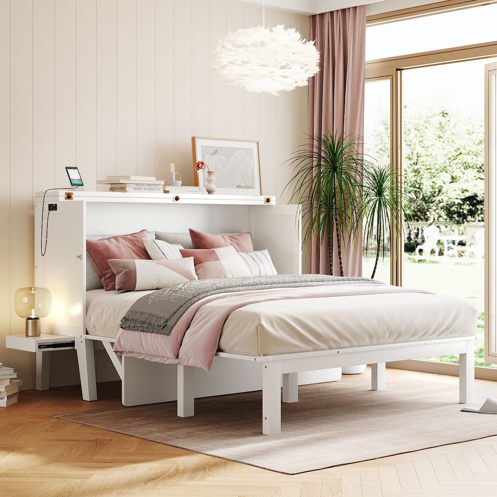 Full/Queen Murphy Bed with USB Charging and Sliding Shelves - Foldable Cabinet Bed