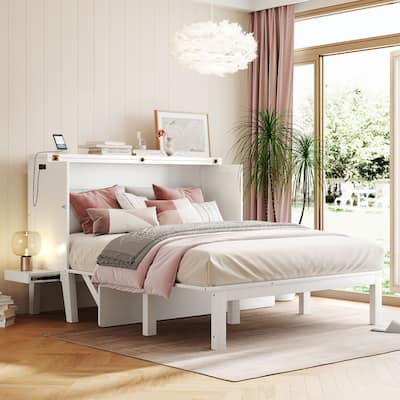 Queen Size Murphy Bed with USB Port and removable Shelves on Each Side,White