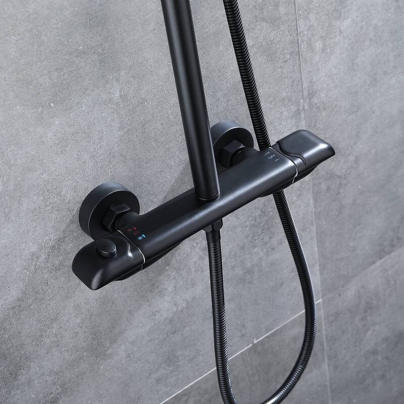 Thermostatic Shower Faucet Set With Handheld Exposed Wall Mount Shower System Complete Black Rainfall Shower Head With Valve
