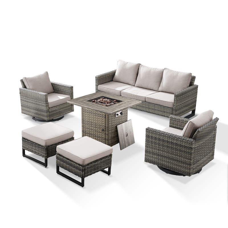 6 Pieces Fire Pit Table with Sofa Swivel Chair Ottoman Set