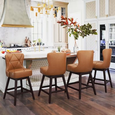 26 in. Mid-Century Modern Wood Frame Swivel Bar Stools with Faux Leather and Linen Upholstered Seat（Set of 4）