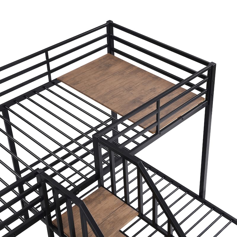 Metal Twin over Twin & Twin Bunk Bed with Storage Shelves Staircase, Triple Bunk Bed Frame, No Box Spring Needed for Kids