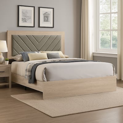 Cato Upholstered King Size Bed, Chevron Tufted Gray Headboard, Cream Finish