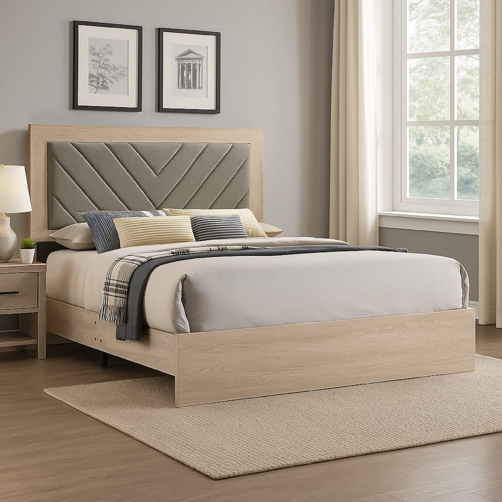 Cato Upholstered King Size Bed, Chevron Tufted Gray Headboard, Cream Finish