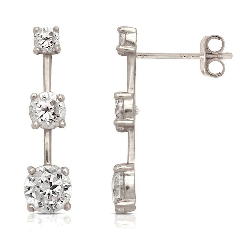 Curata 14k Gold Round Cubic Zirconia 3-stone Bar Post Stud Earrings - White - White