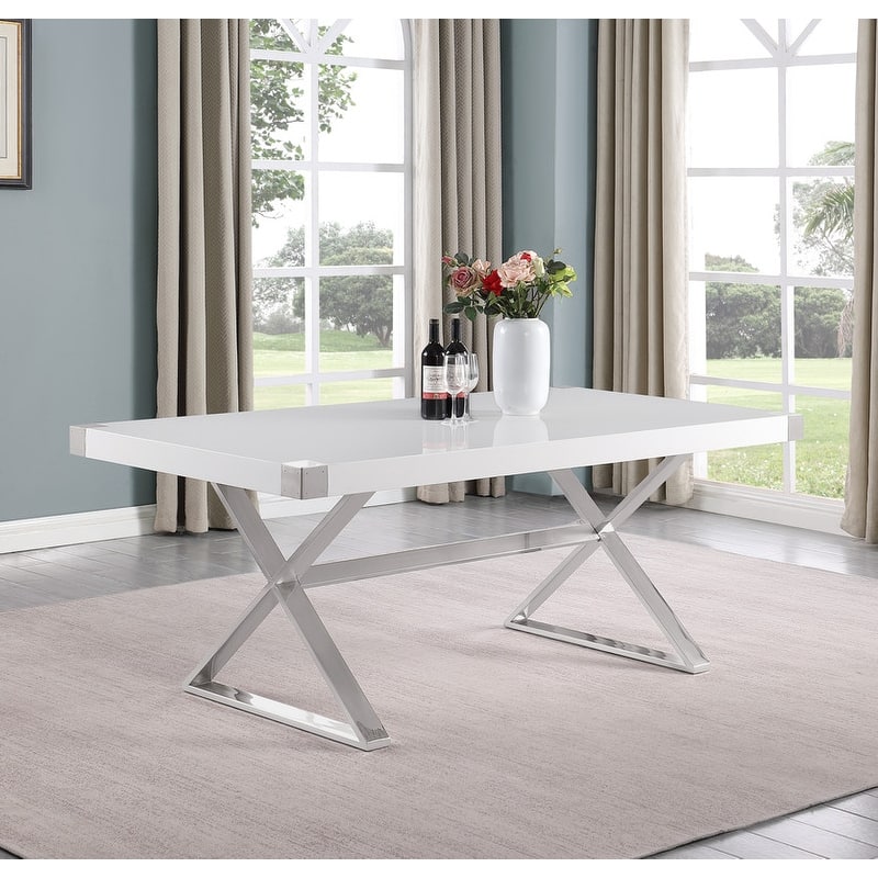 Best Quality Furniture D440-3 Dining Table with Smooth White Lacquer Wood Top Dining Table - 78 Inches - White / Silver
