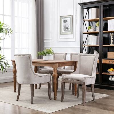 Fabric Wingback Chairs Nailhead Decoration Dining Chairs(Set of 2), Beige