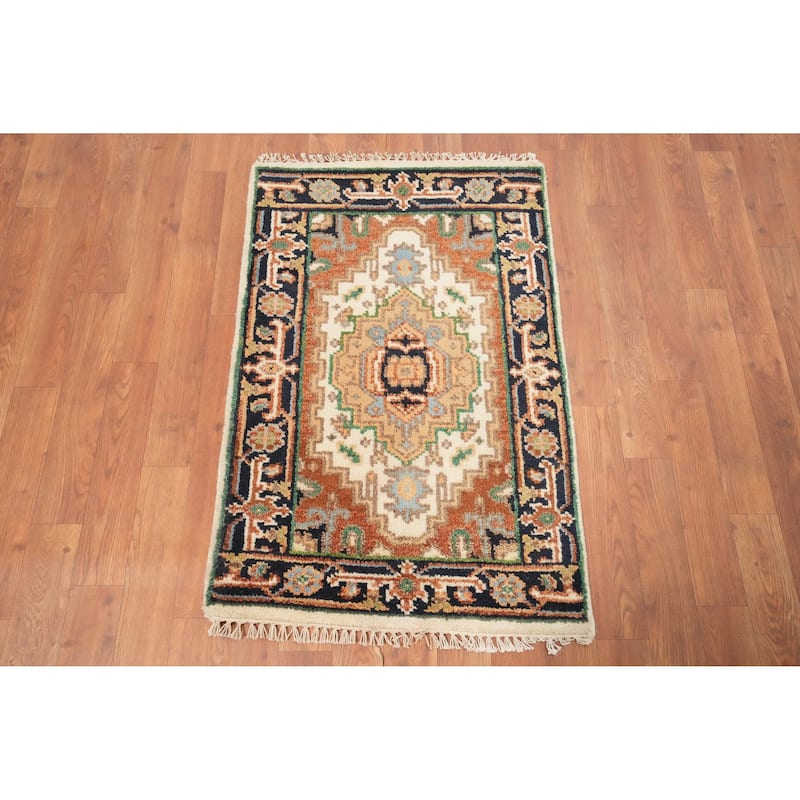 Hand Knotted Oriental 100% Wool Carpet Traditional Medallion Beige & Ivories Heriz (serapi) Area Rug - 3' 0'' X 2' 0''