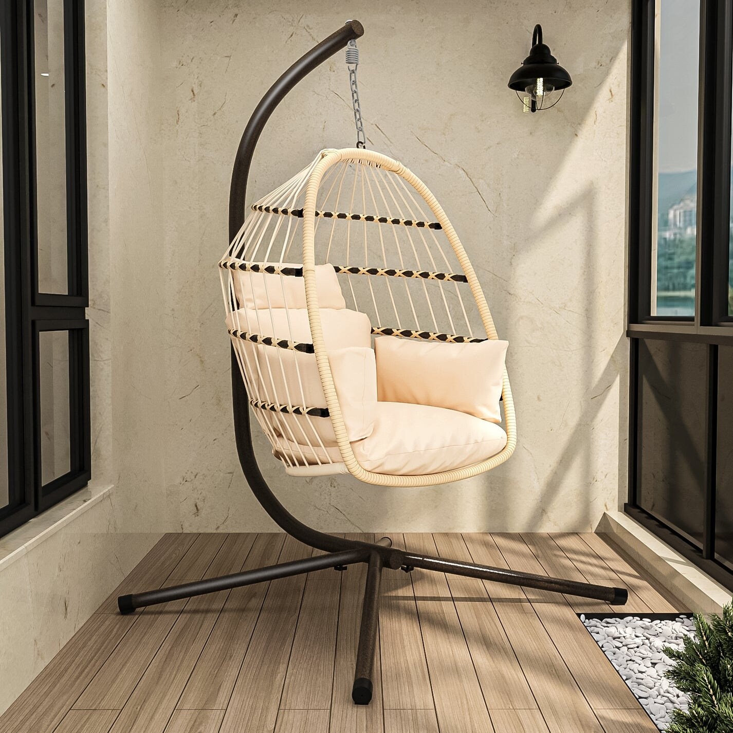 Outdoor Large Hanging Egg Chair with Stand and Beige Cushion Bed Bath Beyond 37527826