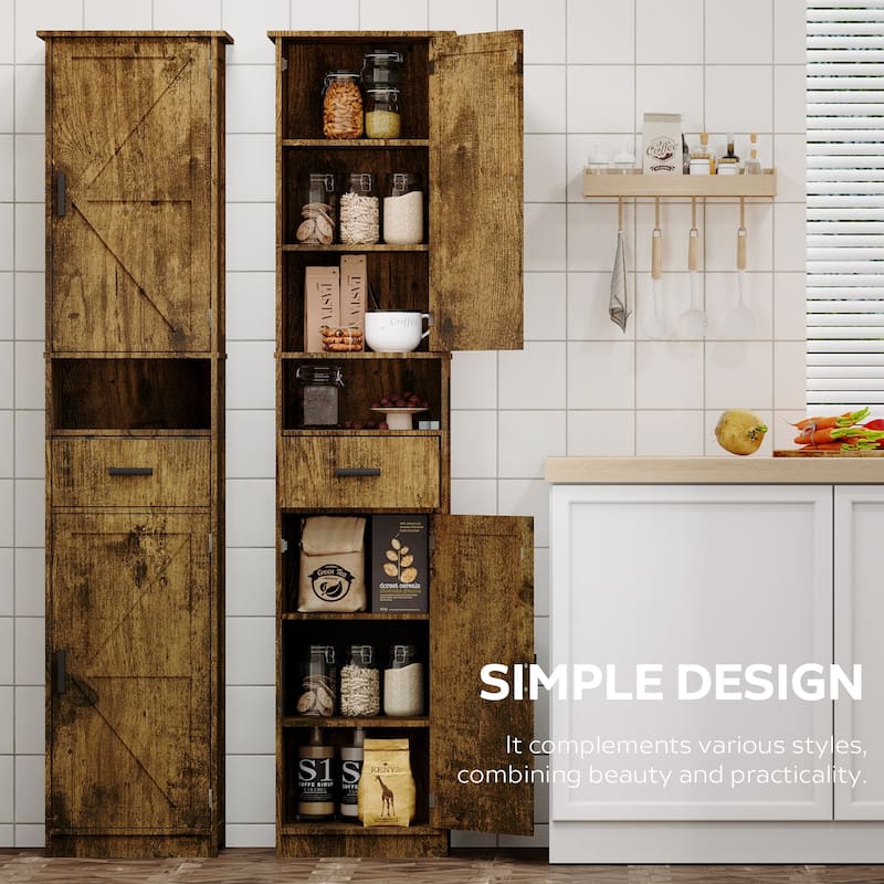 69"H Tall Bathroom Cabinet with Adjustable Shelves, 2 Barn Doors & 1 Drawer