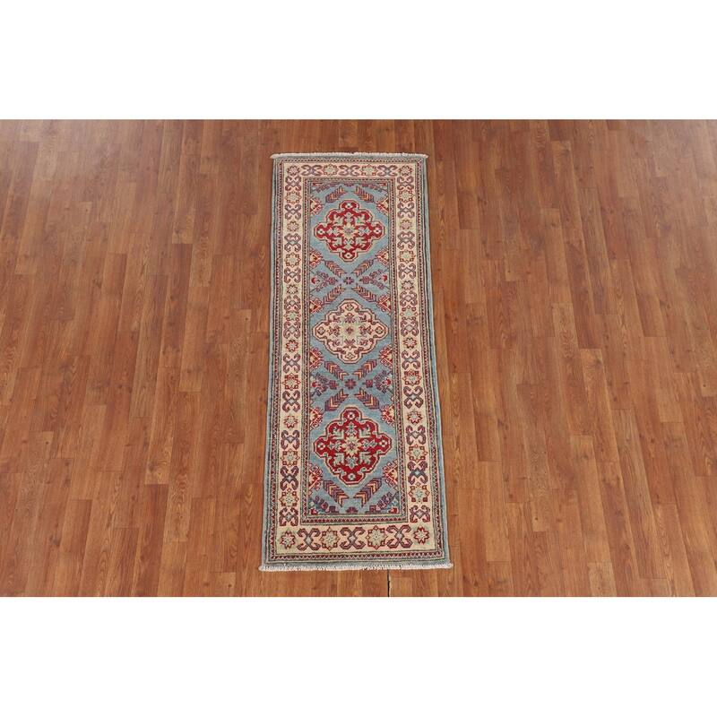 Light Blue Kazak Oriental Runner Rug Hallway Hand-Knotted Wool Carpet - 2'1" x 5'9"