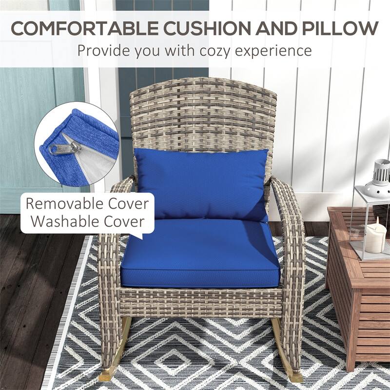 Adirondack Rocking Chair Outdoor PE Rattan with Cushions Steel Frame Patio Garden Porch - 26" W x 35" D x 38.5" H