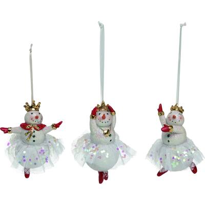 Transpac Resin 4 in. White Christmas Ballerina Snowman Ornament Set of 3