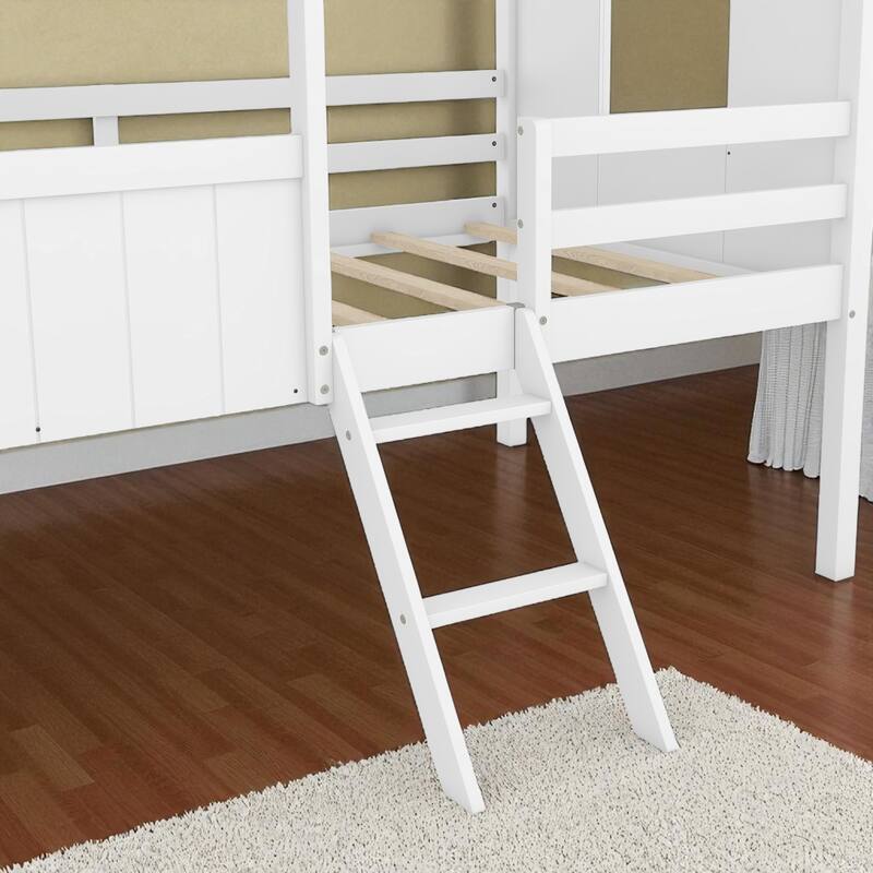 Twin Size House Bed with Roof and Side Windows, Low Loft Wooden Frame for Kids, No Box Spring Needed